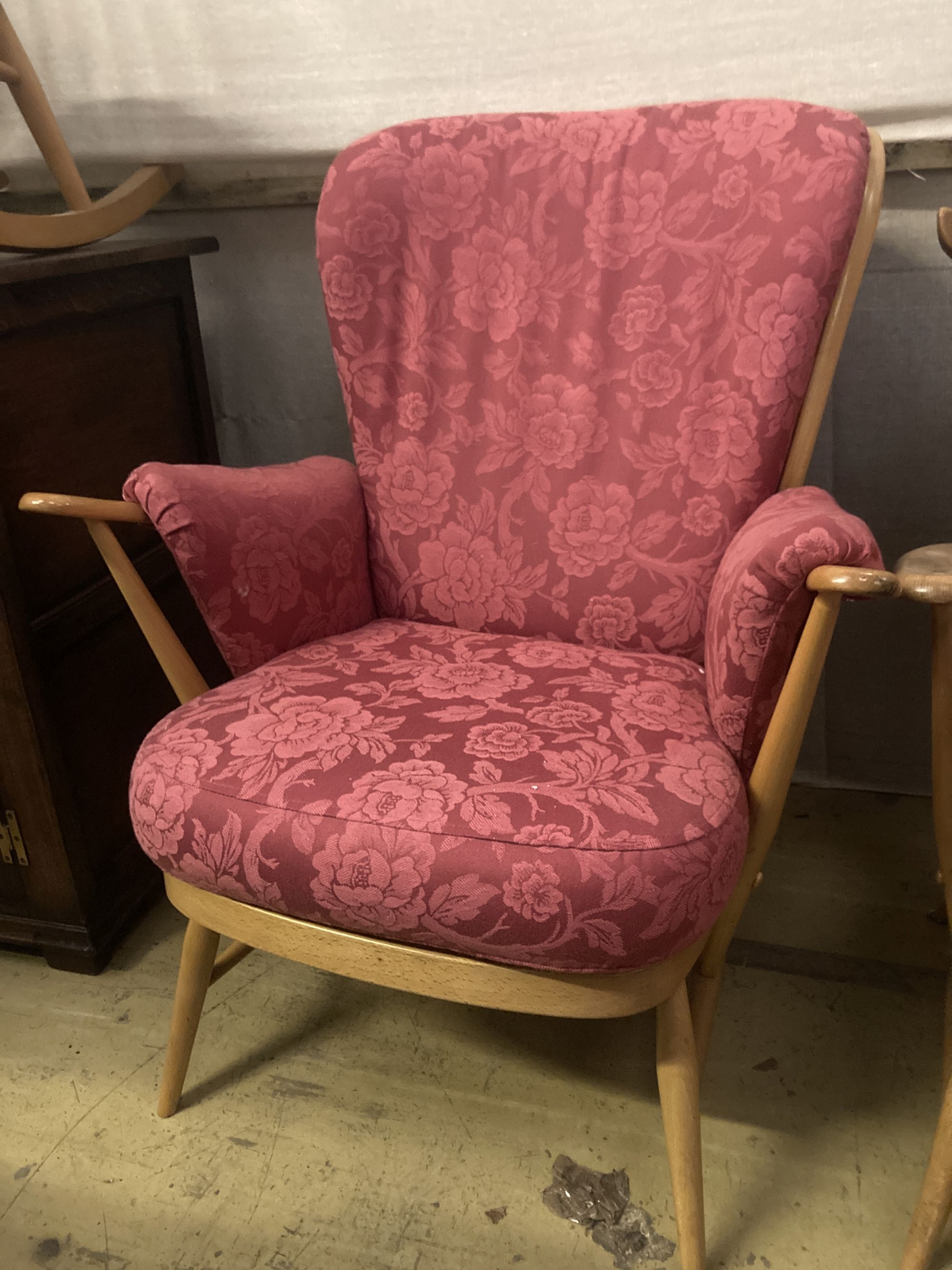 Three Ercol stickback beech open armchairs, largest width 72cm depth 80cm height 102cm